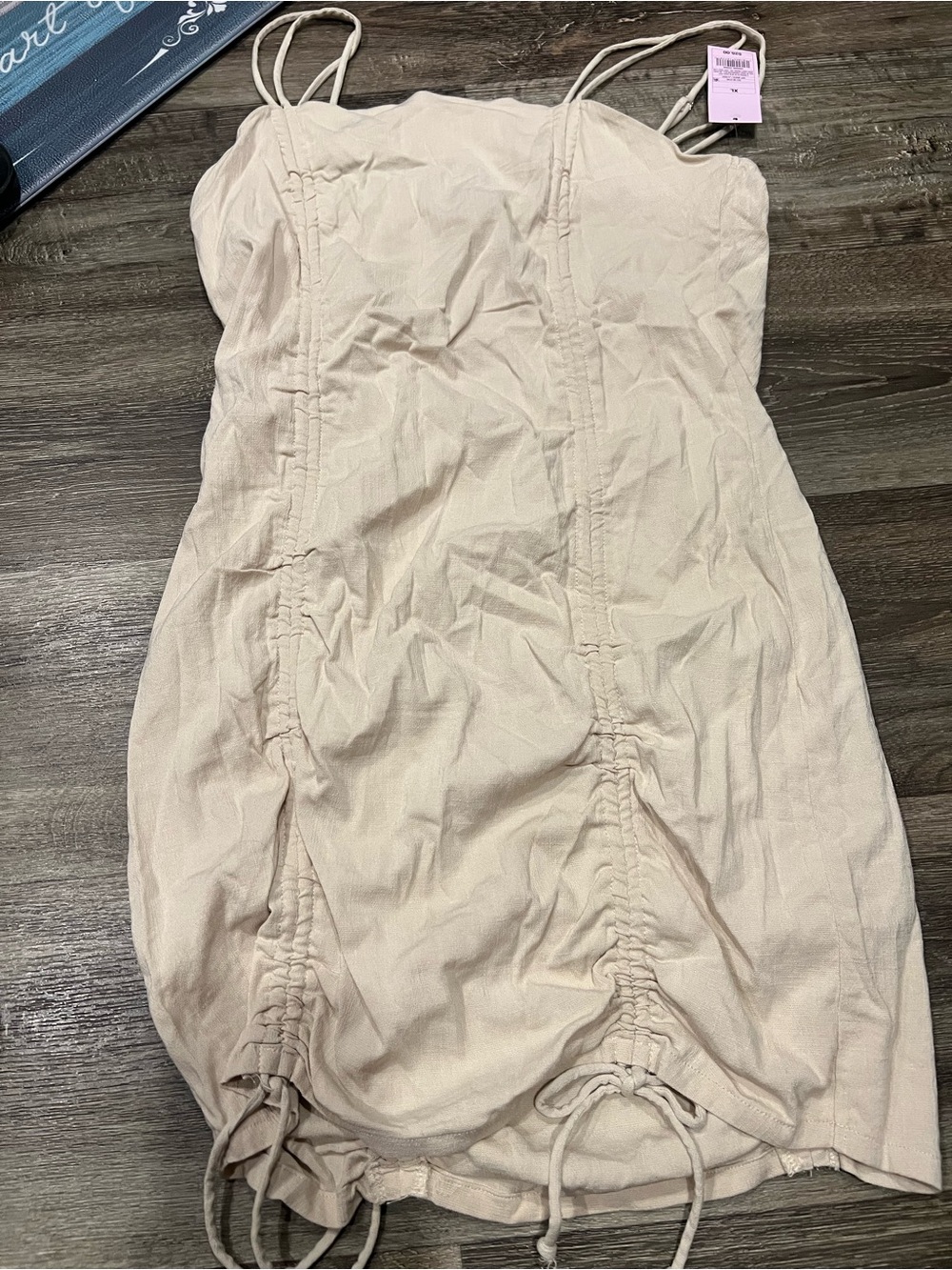 Off-White Beige Ruched Spaghetti-Strap Mini Dress